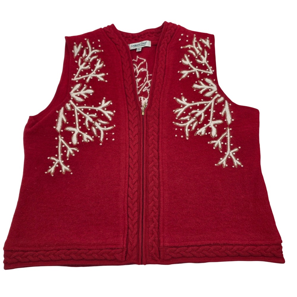 Coldwater Creek Sweater Vest Women L Red Wool Snowflake Embroidered Zip Front